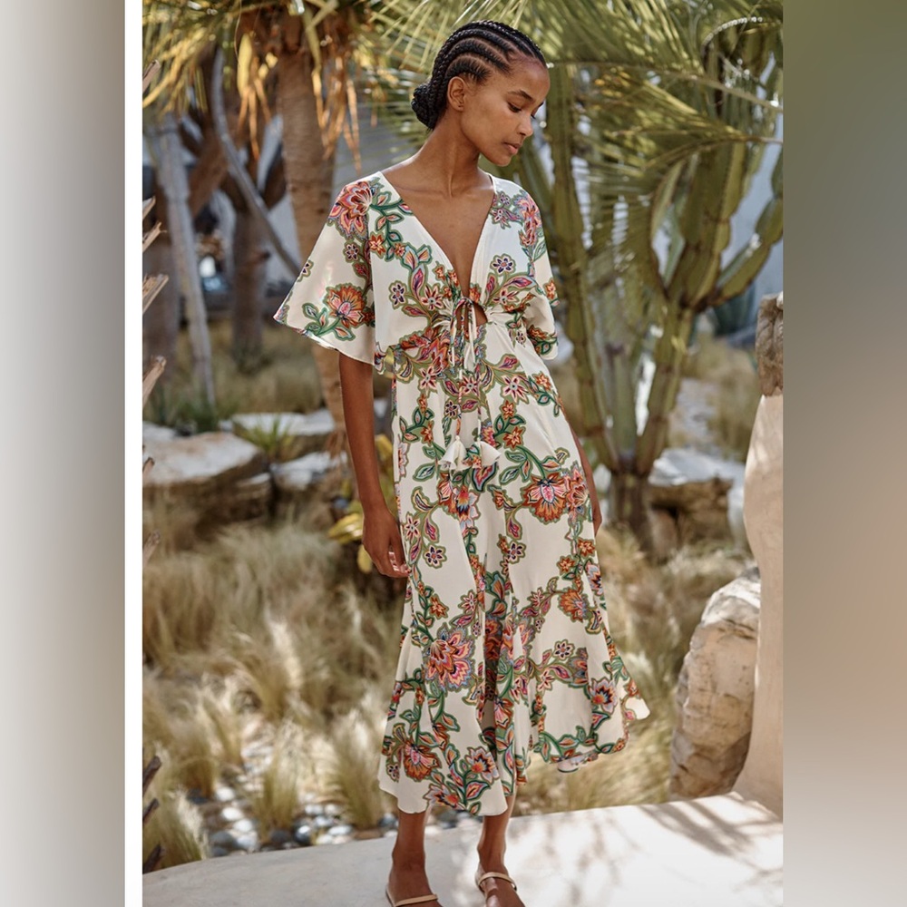 Misa Los Angeles Cream Floral Maxi Dress with Green and Pink Motif